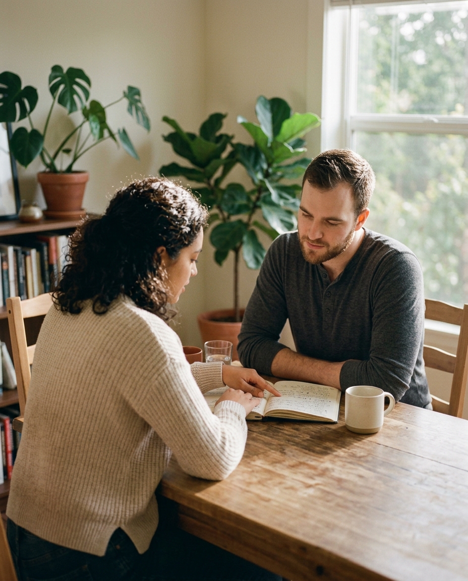 Two people at a kitchen table, one reading what the other has written in a notebook
